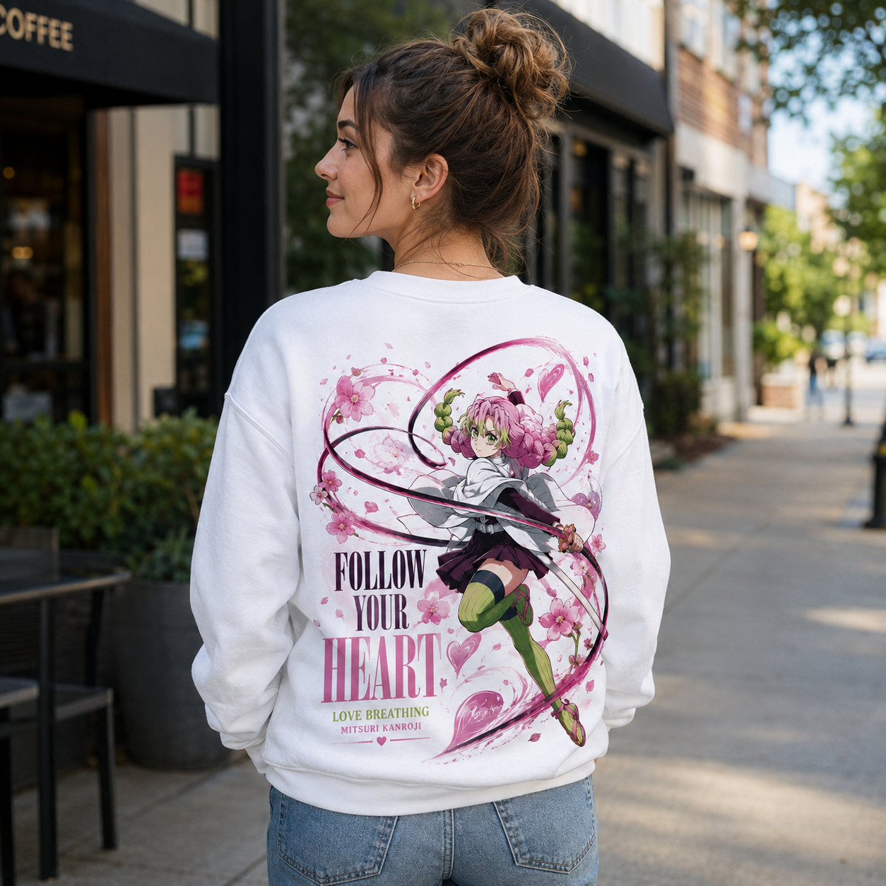 White sweatshirt with Mitsuri Kanroji Demon Slayer Love Breathing Bloom graphic – photo 3