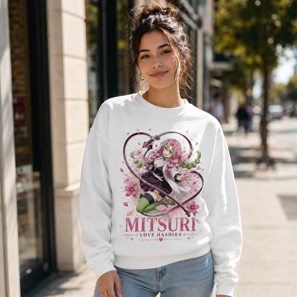White sweatshirt with Mitsuri Kanroji Demon Slayer Love Breathing Bloom graphic – photo 4