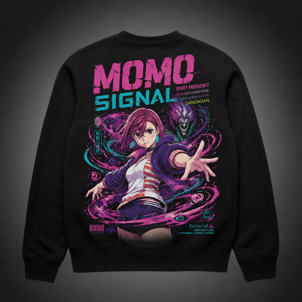 Black sweatshirt with Momo Ayase Dandadan Momo Signal graphic – photo 1