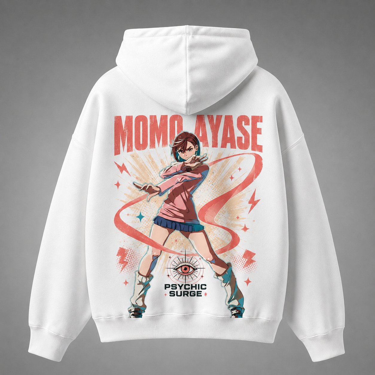 White hoodie with Momo Ayase Dandadan Psychic Surge graphic – photo 1