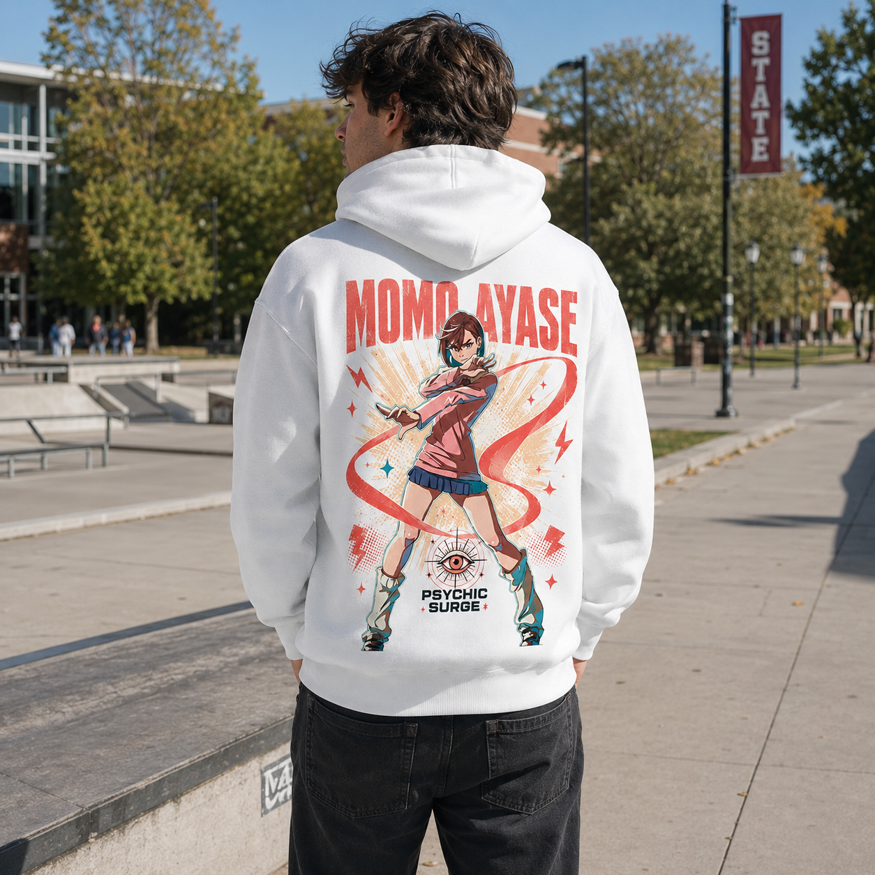 White hoodie with Momo Ayase Dandadan Psychic Surge graphic – photo 3