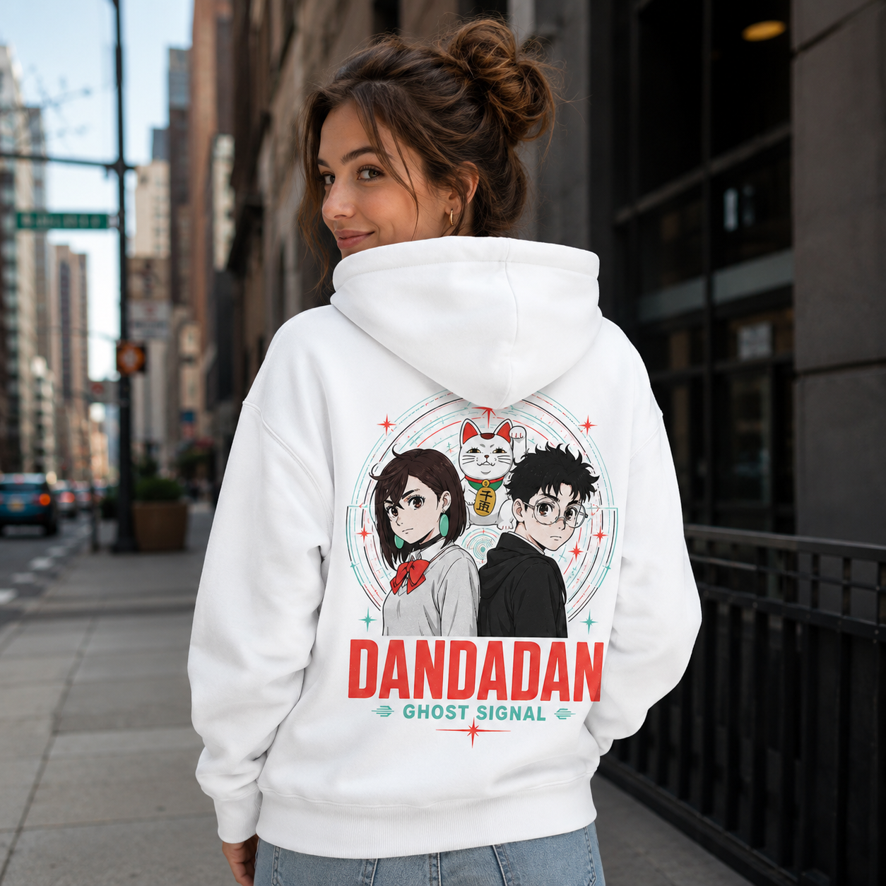 White hoodie with Momo Ayase & Ken Takakura Dandadan Ghost Signal graphic – photo 3