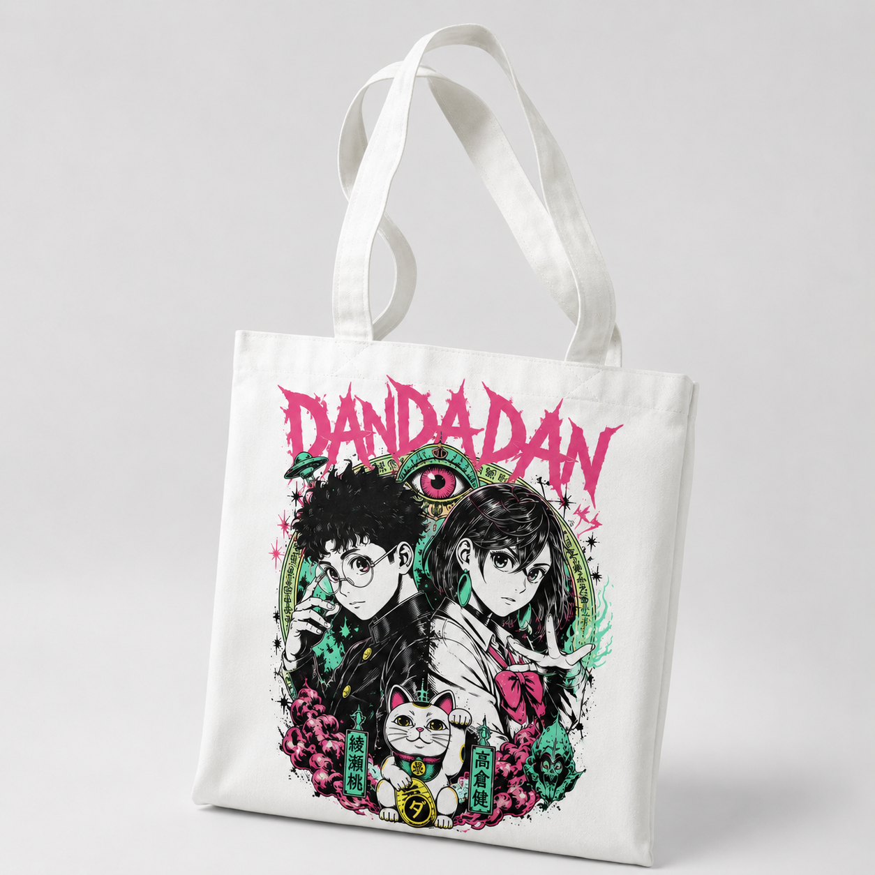 White tote bag with Momo Ayase & Ken Takakura Dandadan Occult Duo graphic – photo 2