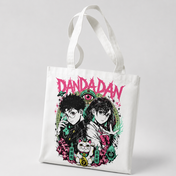 White tote bag with Momo Ayase & Ken Takakura Dandadan Occult Duo graphic – photo 2