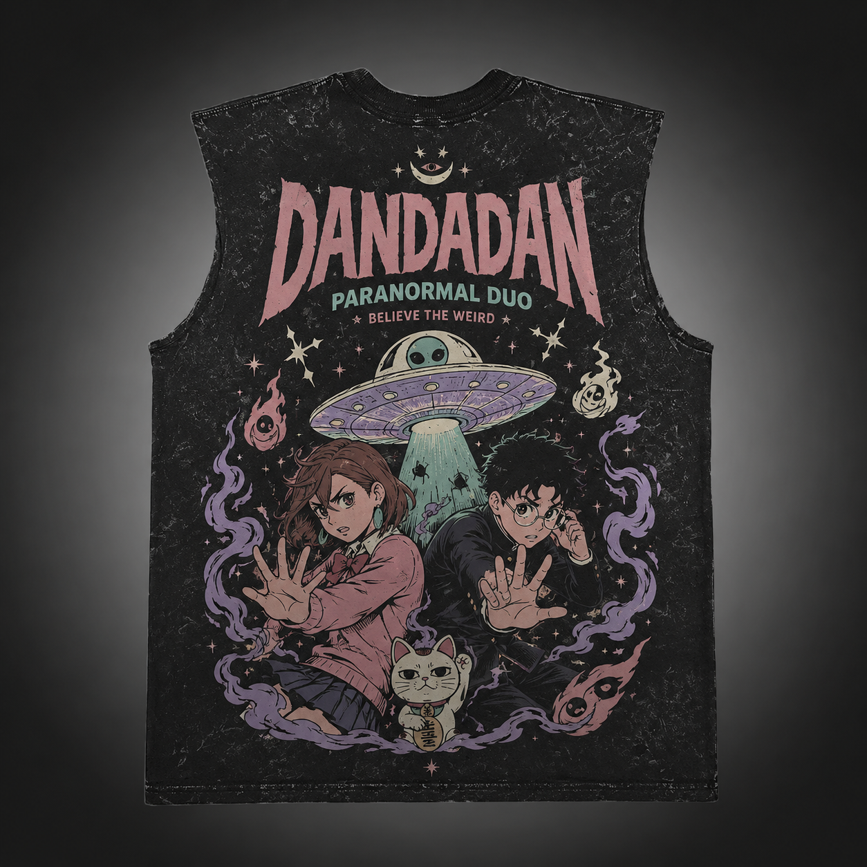 Washed black tank top with Momo Ayase & Ken Takakura Dandadan Paranormal Duo graphic – photo 1