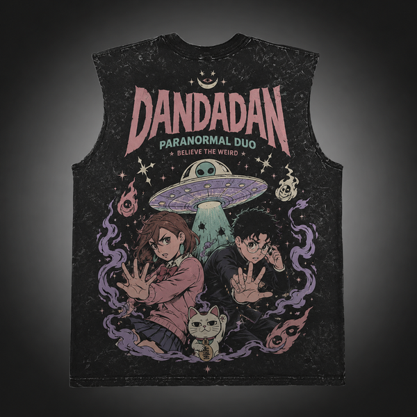 Washed black tank top with Momo Ayase & Ken Takakura Dandadan Paranormal Duo graphic – photo 1