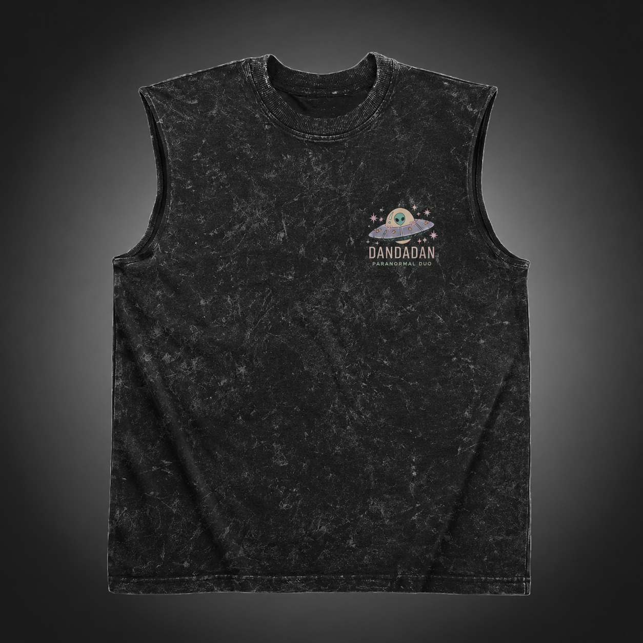 Washed black tank top with Momo Ayase & Ken Takakura Dandadan Paranormal Duo graphic – photo 2