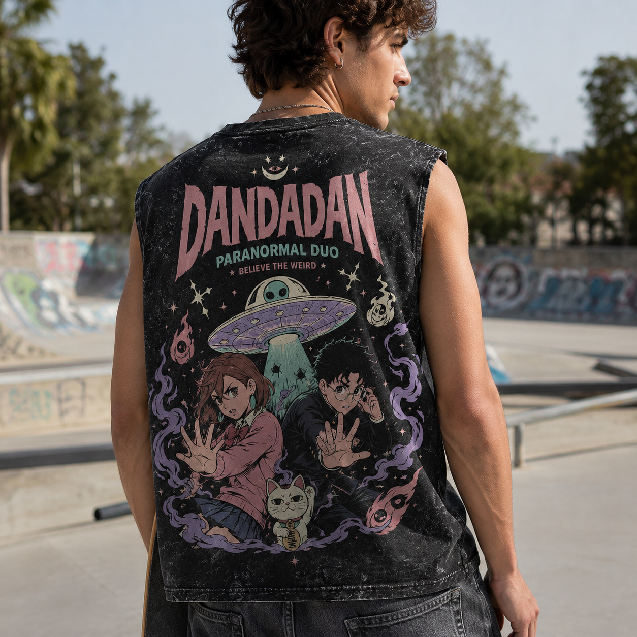 Washed black tank top with Momo Ayase & Ken Takakura Dandadan Paranormal Duo graphic – photo 3
