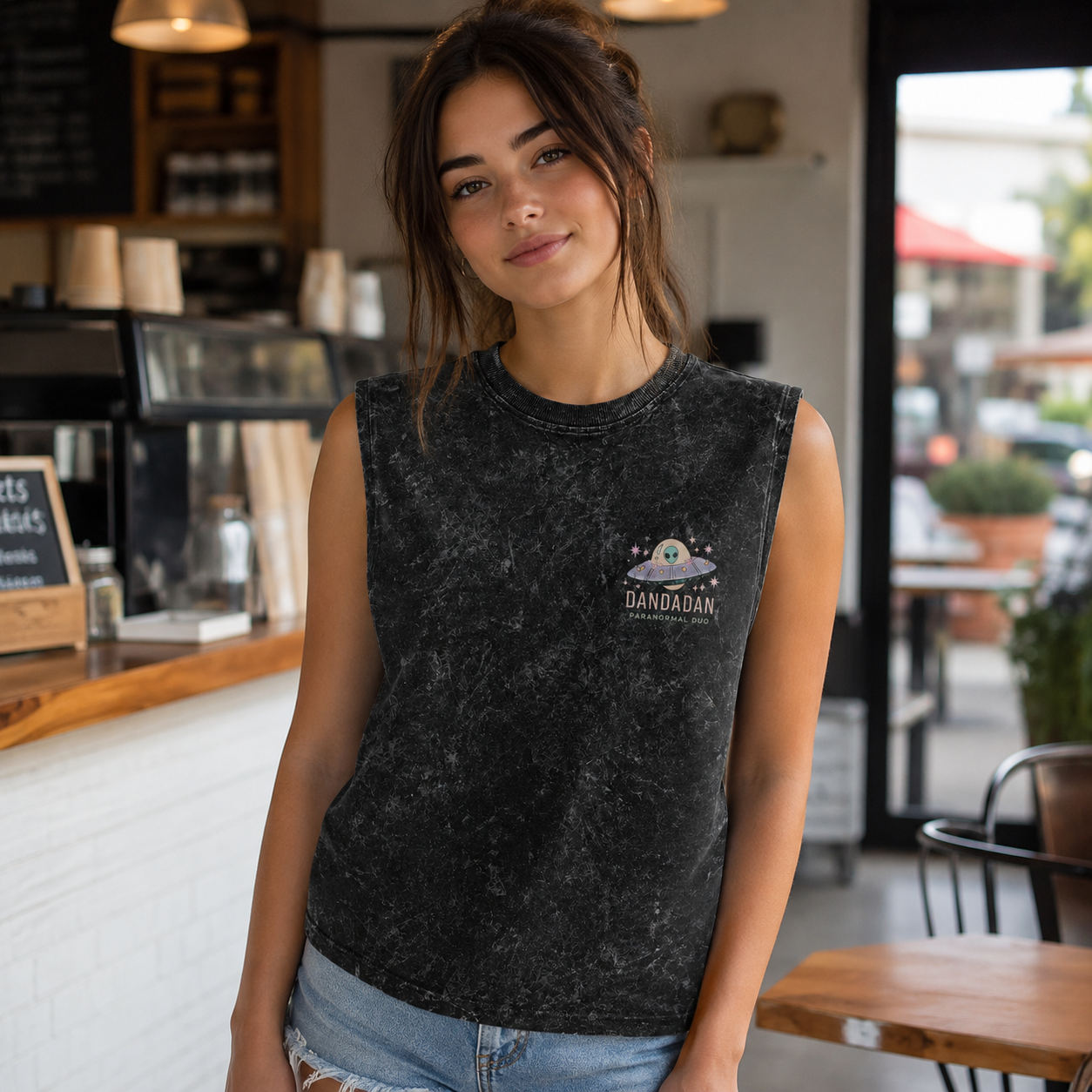 Washed black tank top with Momo Ayase & Ken Takakura Dandadan Paranormal Duo graphic – photo 4