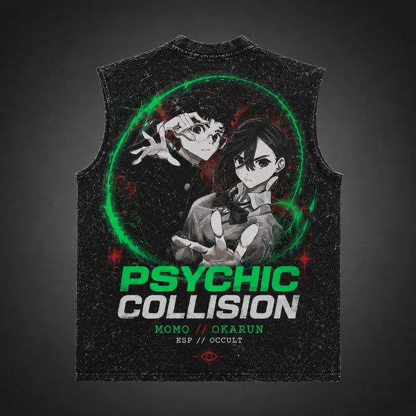 Washed black tank top with Momo Ayase & Ken Takakura Dandadan Psychic Collision graphic – photo 1
