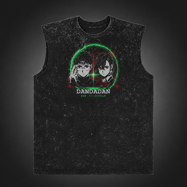 Washed black tank top with Momo Ayase & Ken Takakura Dandadan Psychic Collision graphic – photo 2