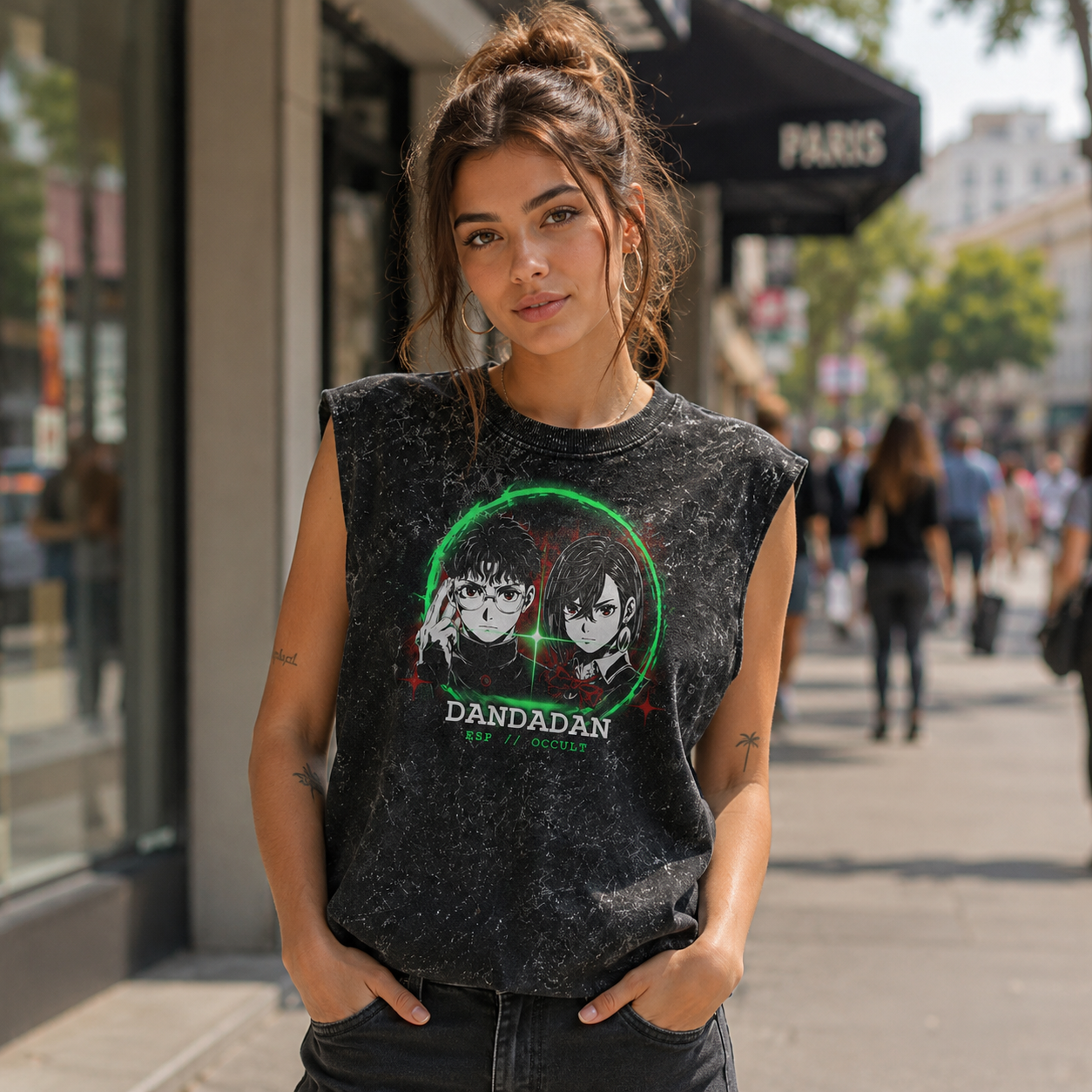 Washed black tank top with Momo Ayase & Ken Takakura Dandadan Psychic Collision graphic – photo 4