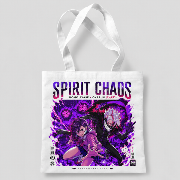 White tote bag with Momo Ayase & Ken Takakura Dandadan Spirit Chaos graphic – photo 1