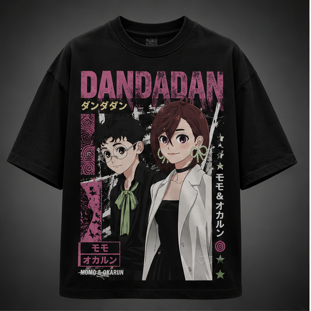 Black t-shirt with Momo Ayase & Okarun Dandadan Momo Okarun Panels graphic – photo 2