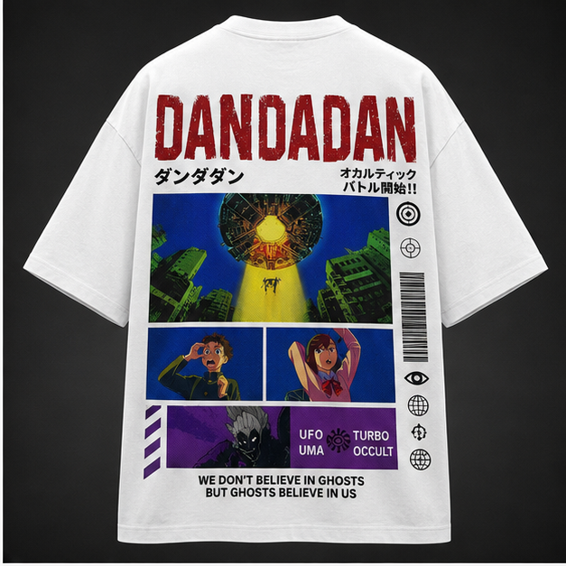 White t-shirt with Momo Ayase & Okarun Dandadan Retro UFO Encounter graphic – photo 1
