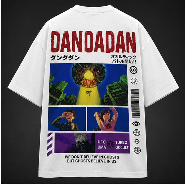 White t-shirt with Momo Ayase & Okarun Dandadan Retro UFO Encounter graphic – photo 1