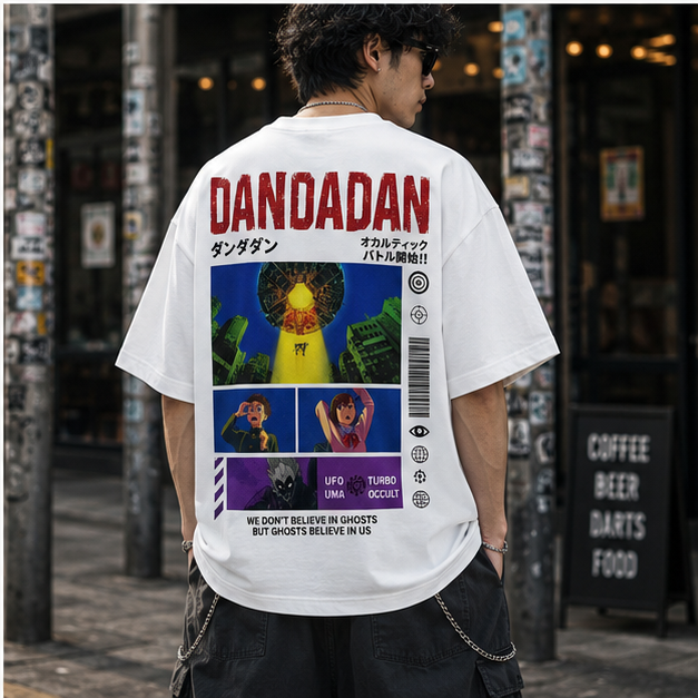 White t-shirt with Momo Ayase & Okarun Dandadan Retro UFO Encounter graphic – photo 3