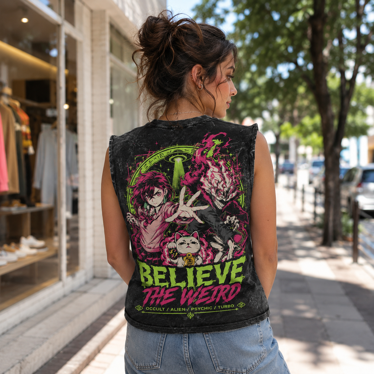 Washed black tank top with Momo Ayase & Turbo Granny Dandadan Believe The Weird graphic – photo 3