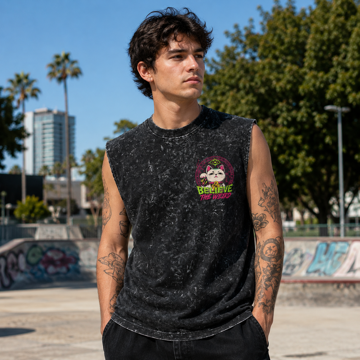Washed black tank top with Momo Ayase & Turbo Granny Dandadan Believe The Weird graphic – photo 4