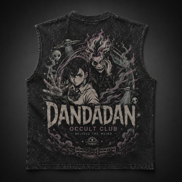 Washed black tank top with Momo Ayase & Turbo Granny Dandadan Occult Club graphic – photo 1