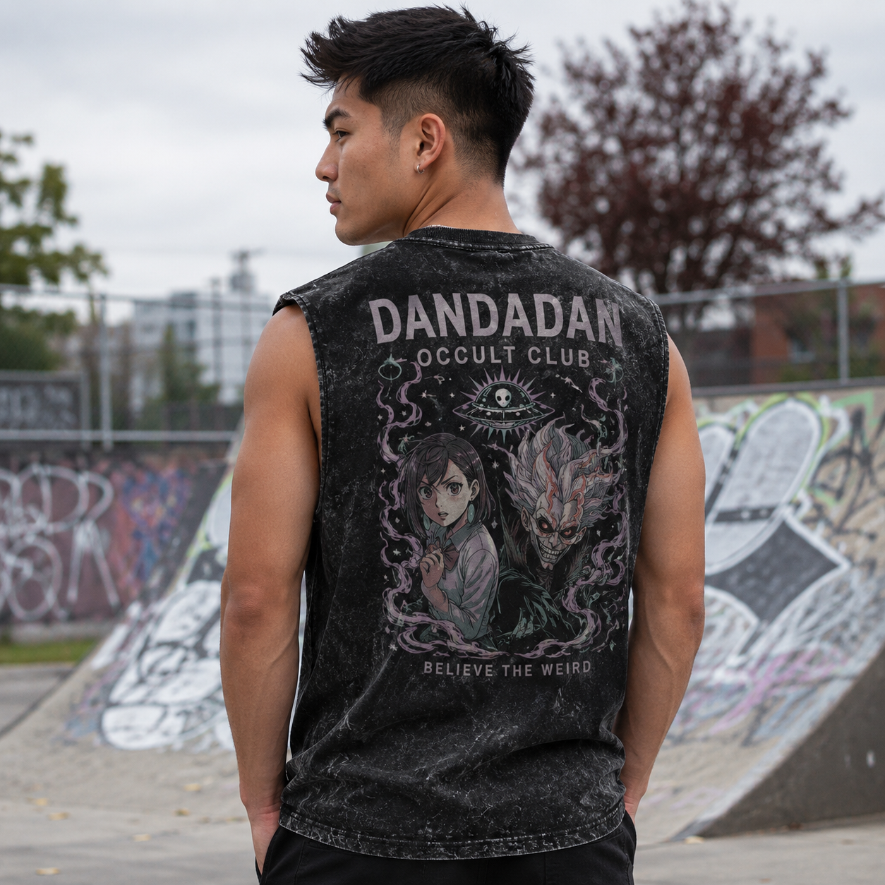 Washed black tank top with Momo Ayase & Turbo Granny Dandadan Occult Club graphic – photo 3
