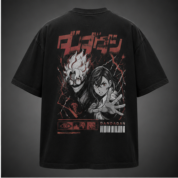 Washed black t-shirt with Momo Ayase & Turbo Granny Dandadan Occult Lightning Duo graphic – photo 1