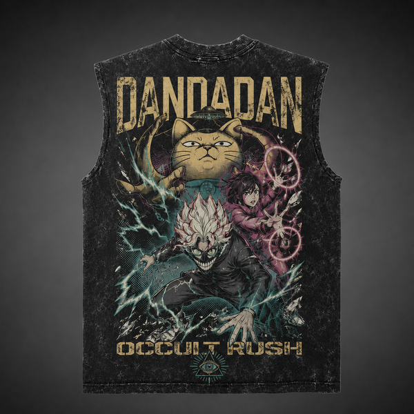 Washed black tank top with Momo Ayase & Turbo Granny Dandadan Occult Rush graphic – photo 1