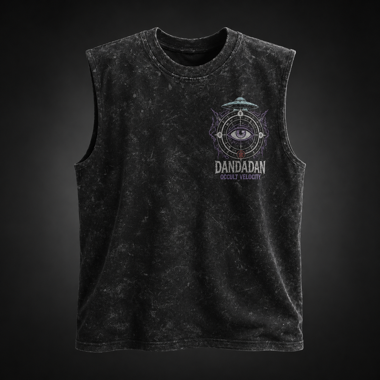 Washed black tank top with Momo Ayase & Turbo Granny Dandadan Occult Velocity graphic – photo 2