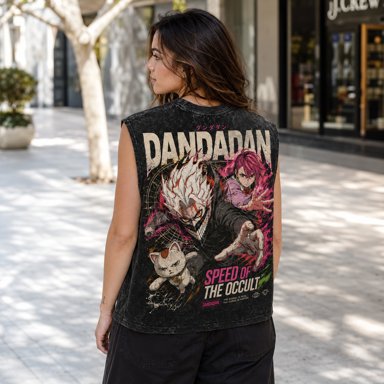 Washed black tank top with Momo Ayase & Turbo Granny Dandadan Speed Of The Occult graphic – photo 3