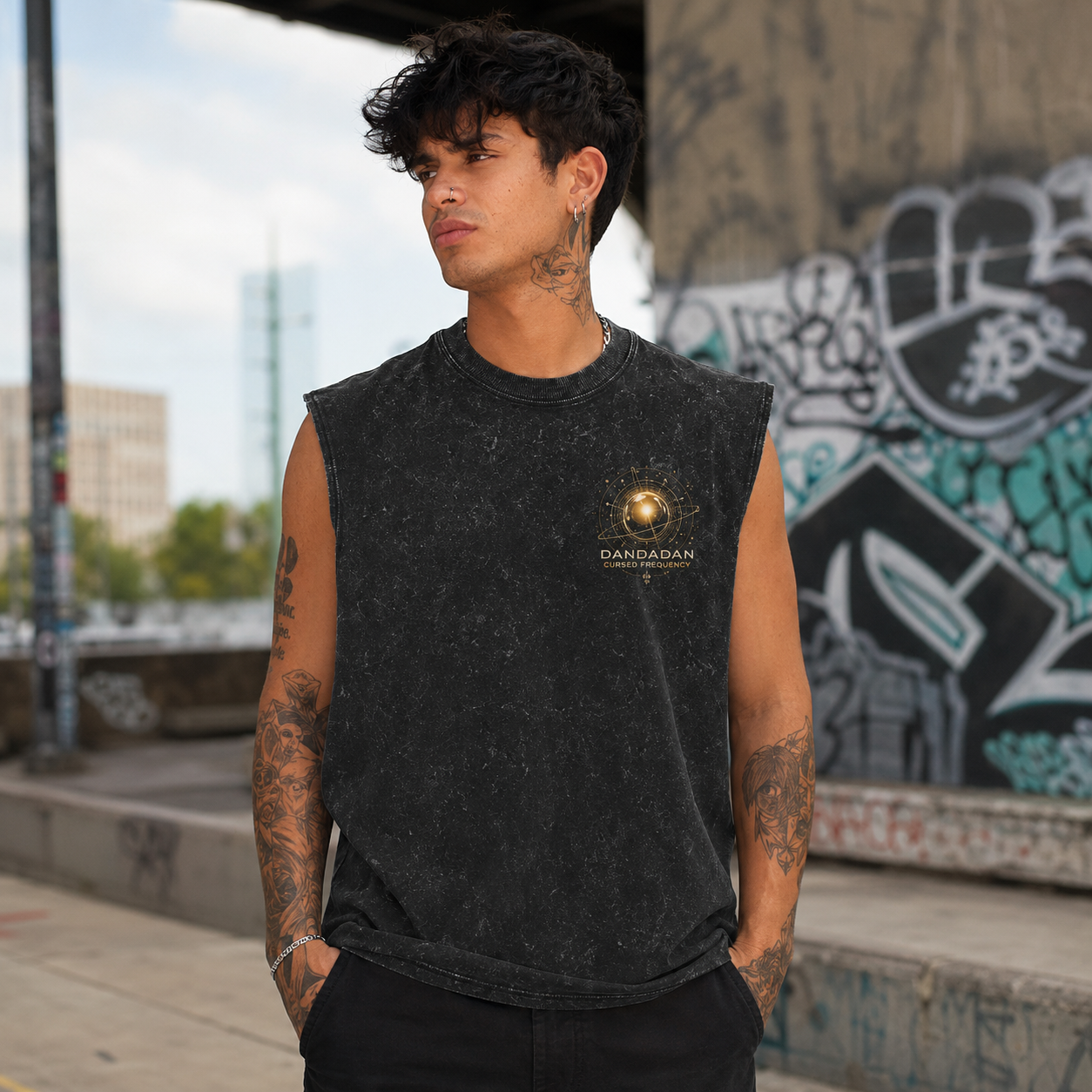Washed black tank top with Momo Ayase & Turbo Granny Dandadan Speed Of The Occult graphic – photo 4