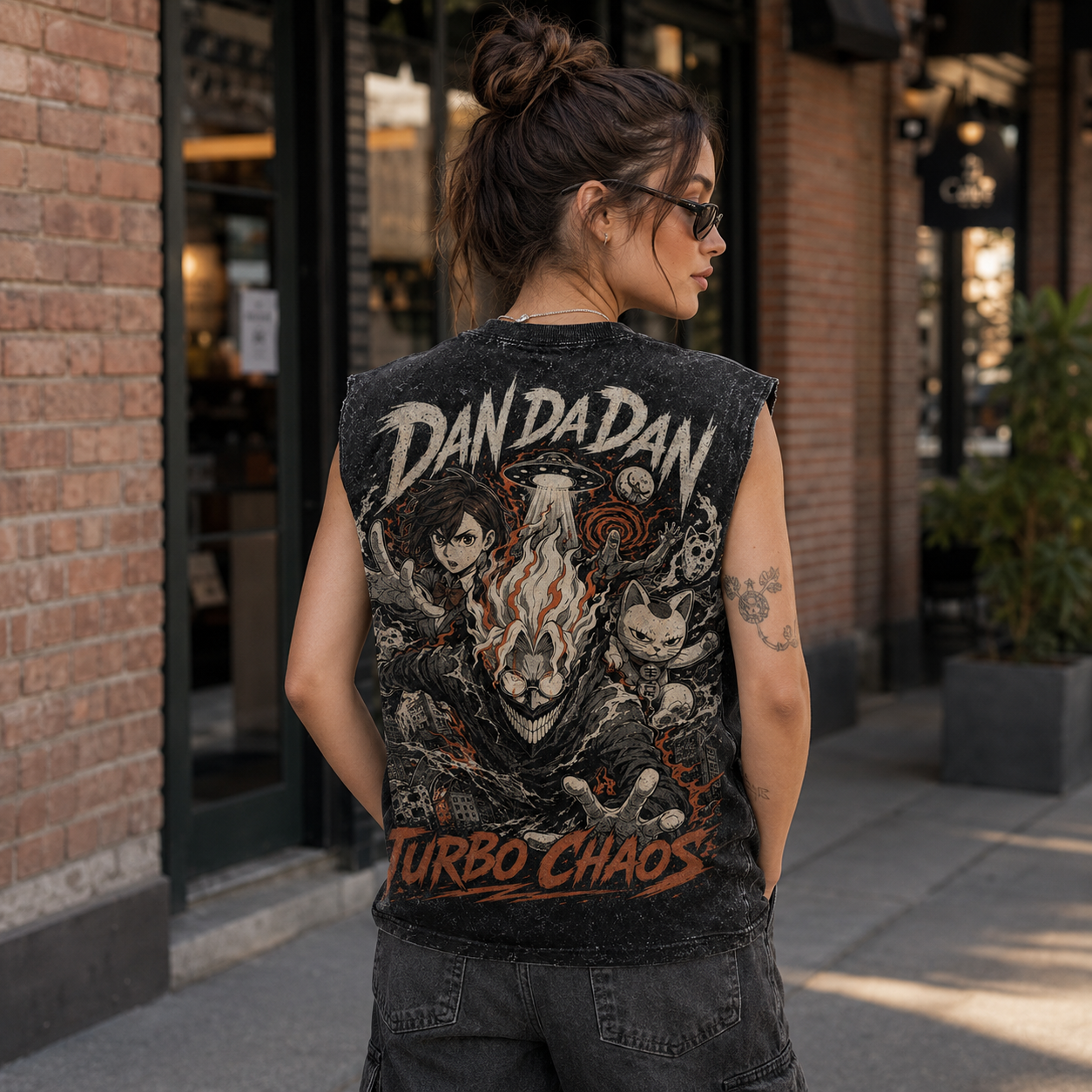 Washed black tank top with Momo Ayase & Turbo Granny Dandadan Turbo Chaos graphic – photo 3