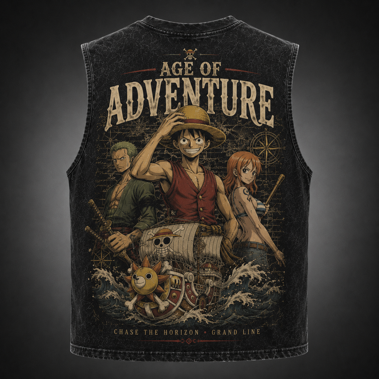 Washed black tank top with Monkey D. Luffy One Piece Age Of Adventure graphic – photo 1