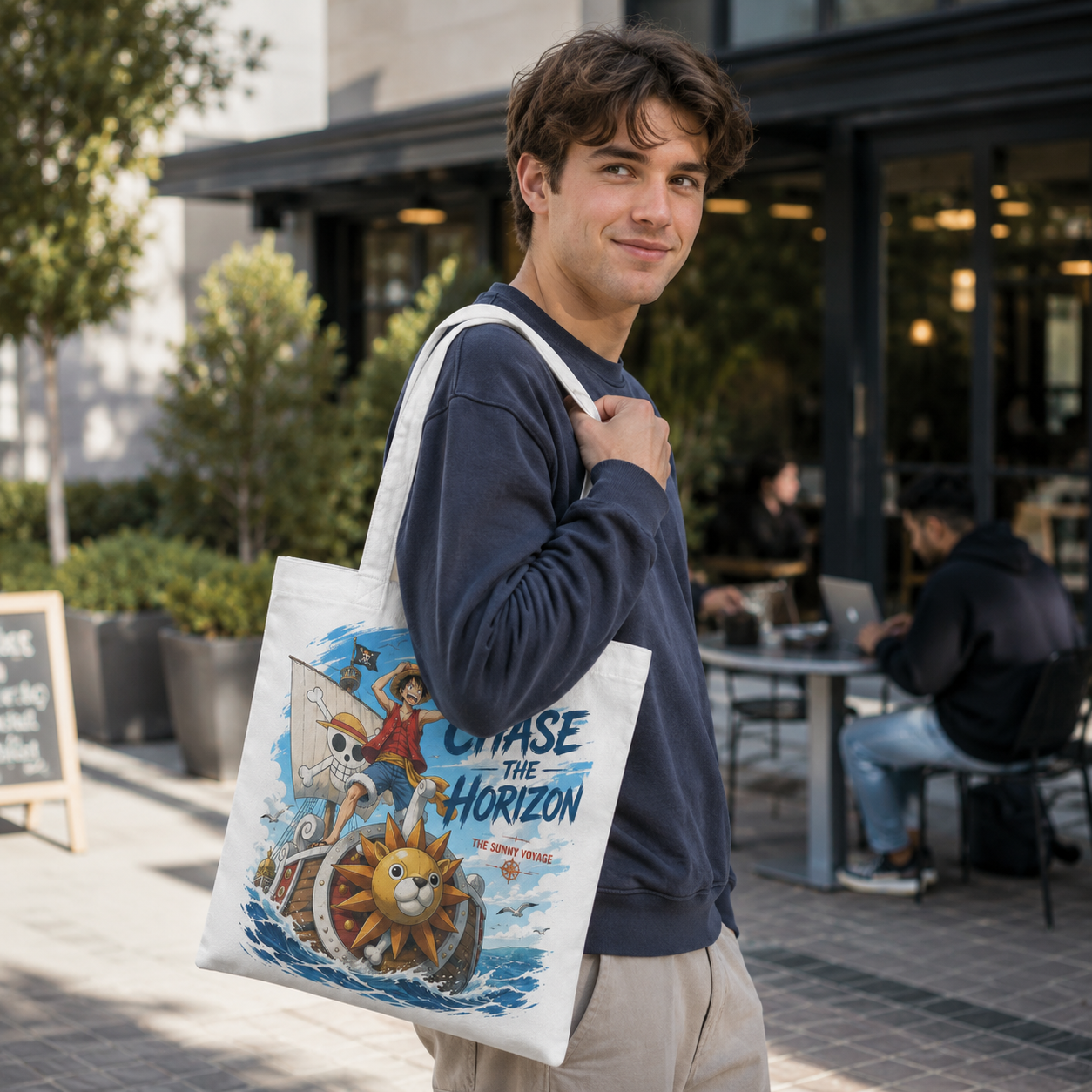 White tote bag with Monkey D. Luffy One Piece Chase The Horizon graphic – photo 4