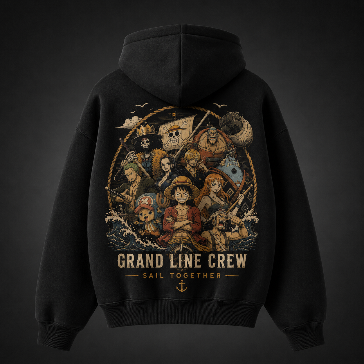 Black hoodie with Monkey D. Luffy One Piece Grand Line Crew graphic – photo 1