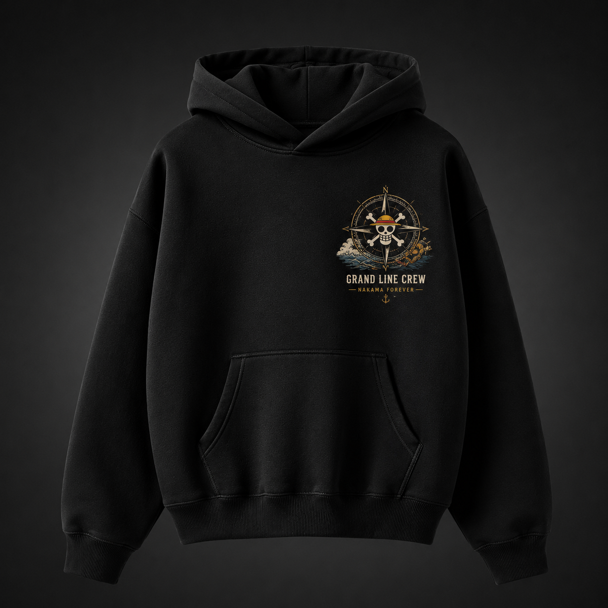 Black hoodie with Monkey D. Luffy One Piece Grand Line Crew graphic – photo 2