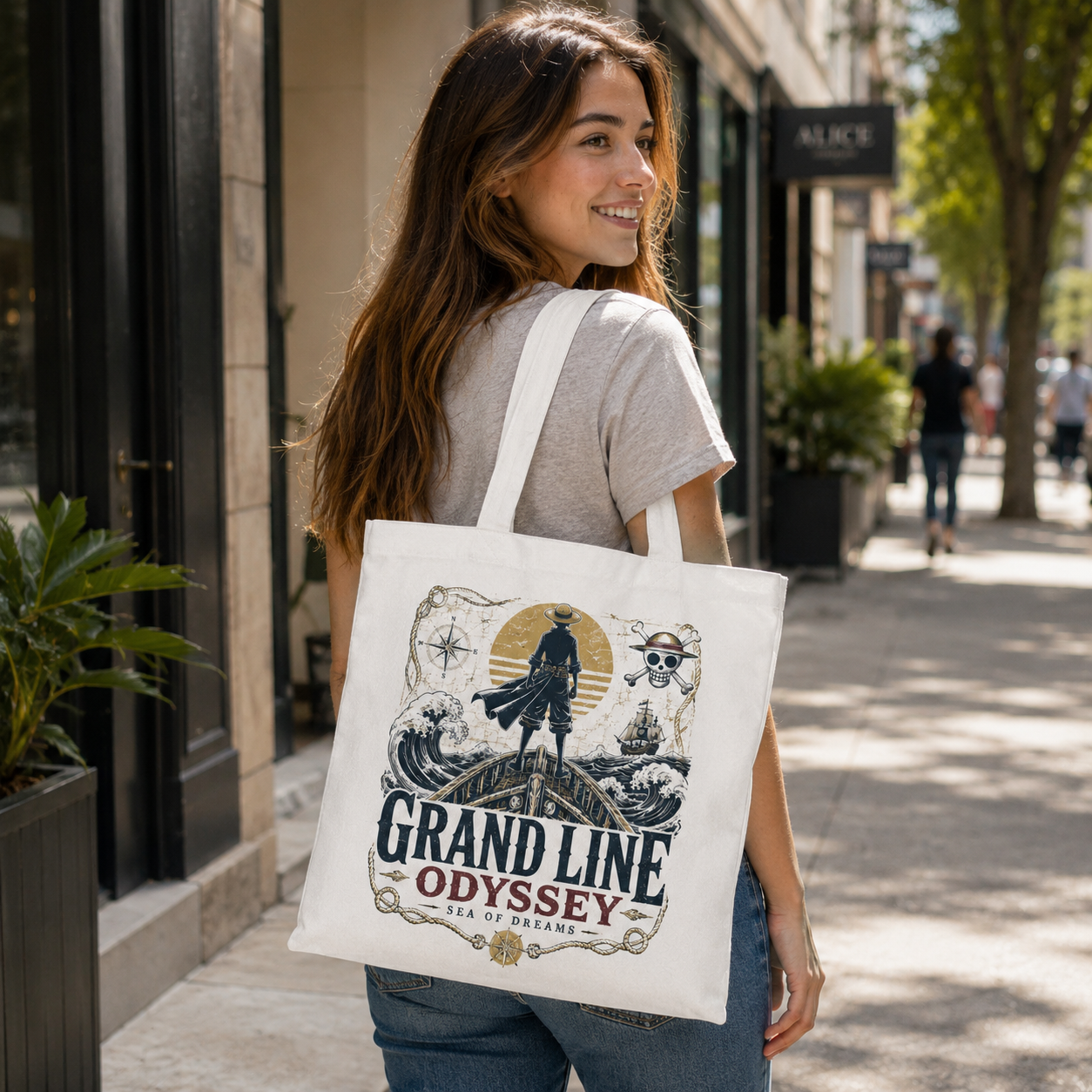 White tote bag with Monkey D. Luffy One Piece Grand Line Odyssey graphic – photo 3