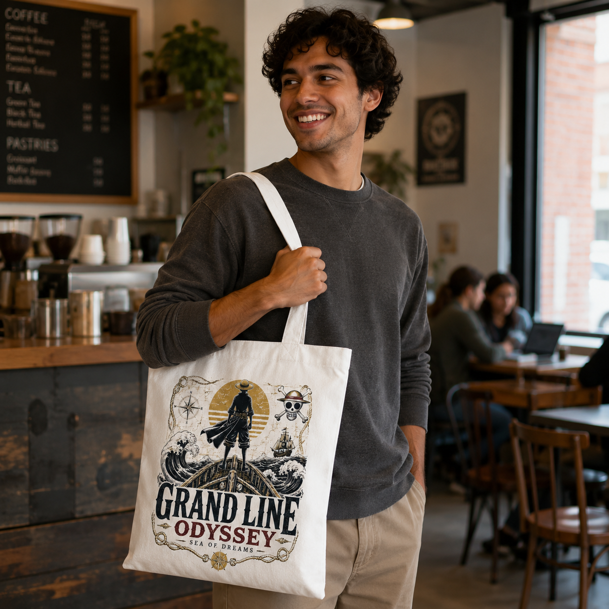 White tote bag with Monkey D. Luffy One Piece Grand Line Odyssey graphic – photo 4