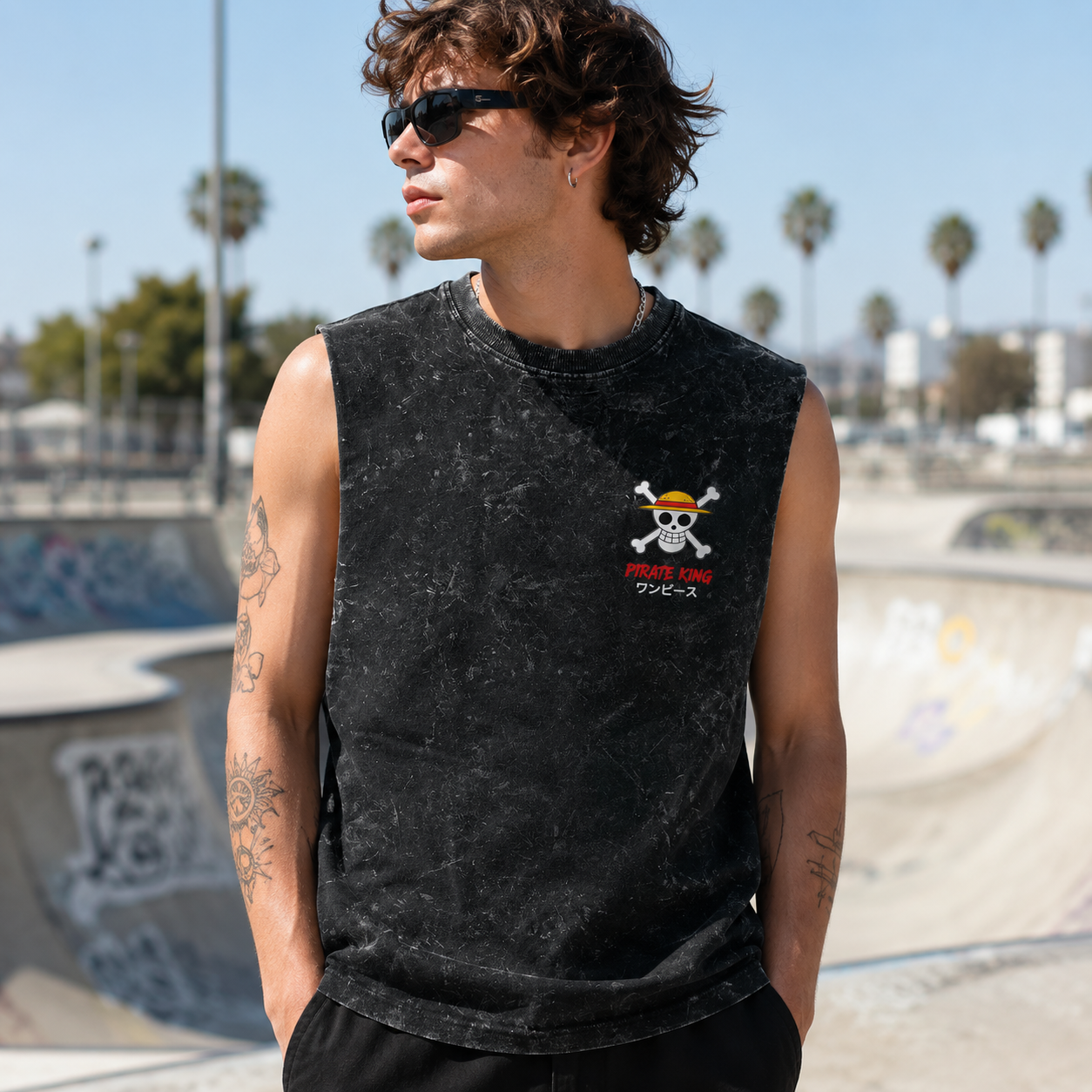 Washed black tank top with Monkey D. Luffy One Piece King Of Pirates graphic – photo 4