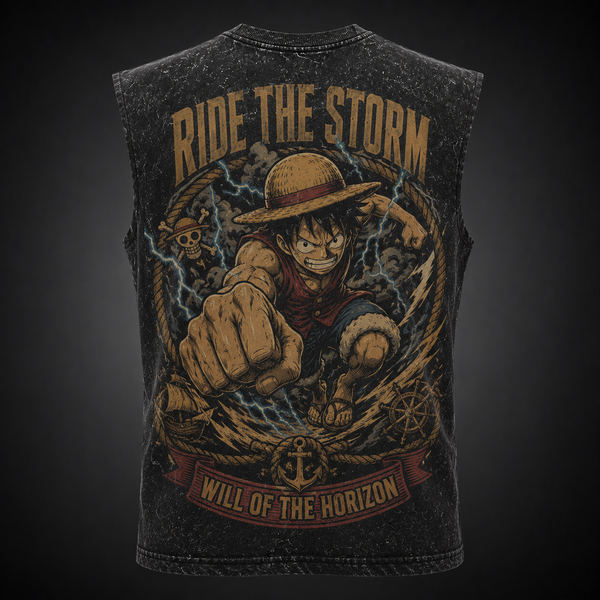 Washed black tank top with Monkey D. Luffy One Piece Ride The Storm graphic – photo 1