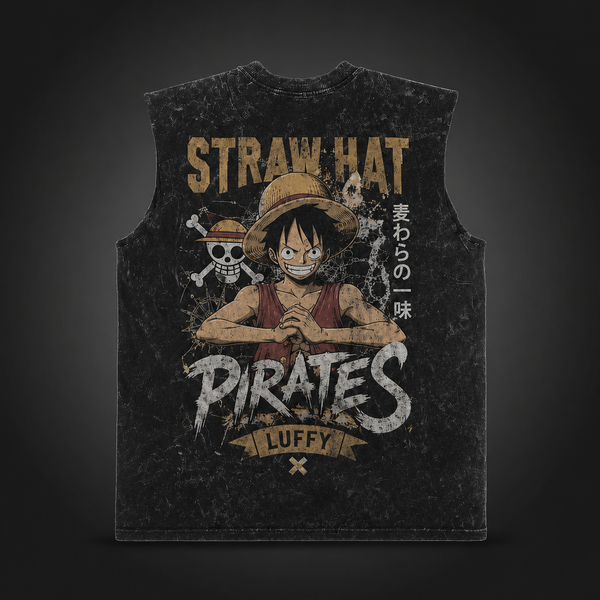Washed black tank top with Monkey D. Luffy One Piece Straw Hat Pirates graphic – photo 1