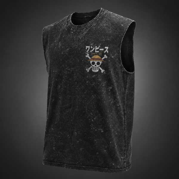 Washed black tank top with Monkey D. Luffy One Piece Straw Hat Pirates graphic – photo 2