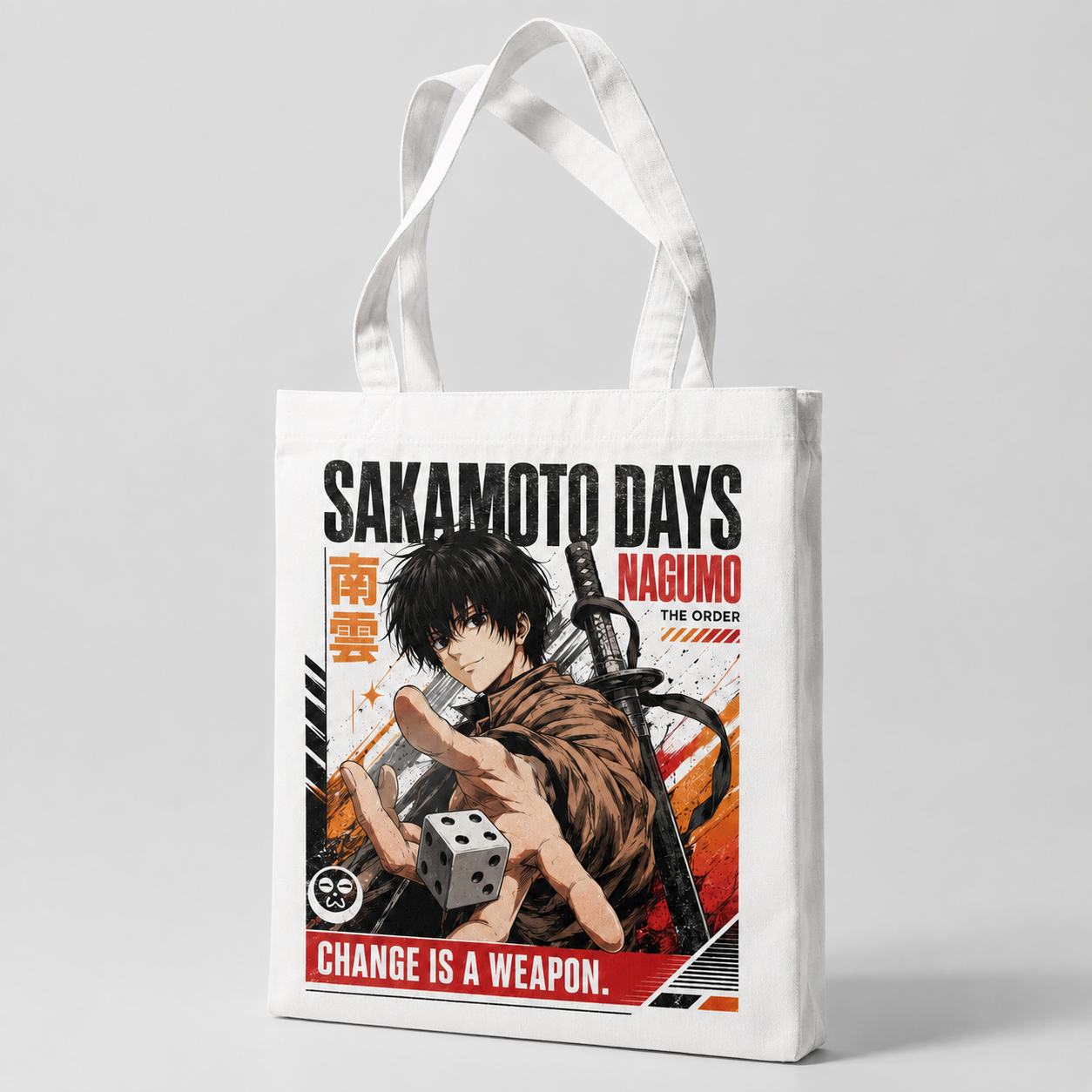 White tote bag with Nagumo Sakamoto Days Change Is A Weapon graphic – photo 2