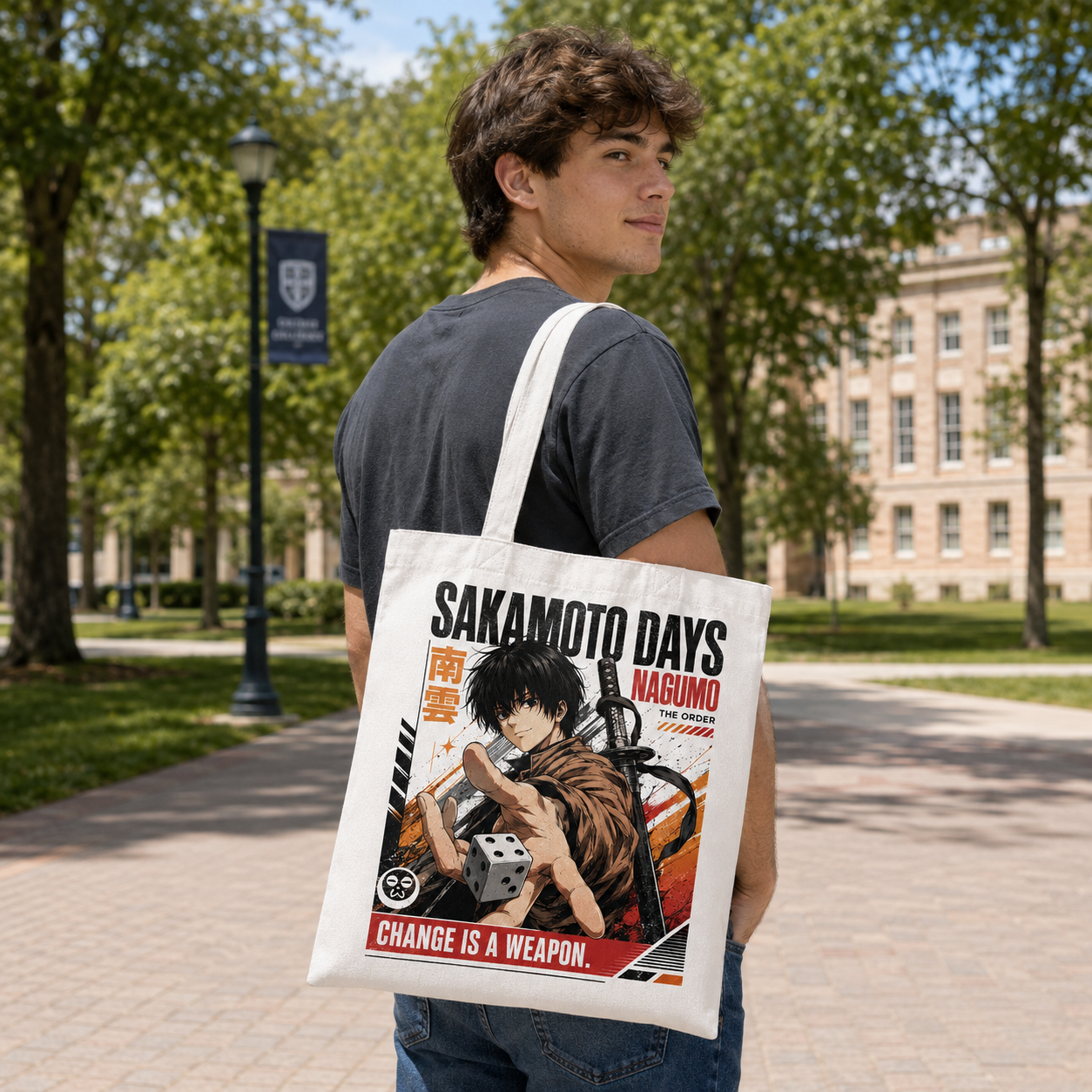 White tote bag with Nagumo Sakamoto Days Change Is A Weapon graphic – photo 4