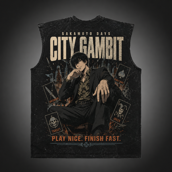 Washed black tank top with Nagumo Sakamoto Days City Gambit graphic – photo 1