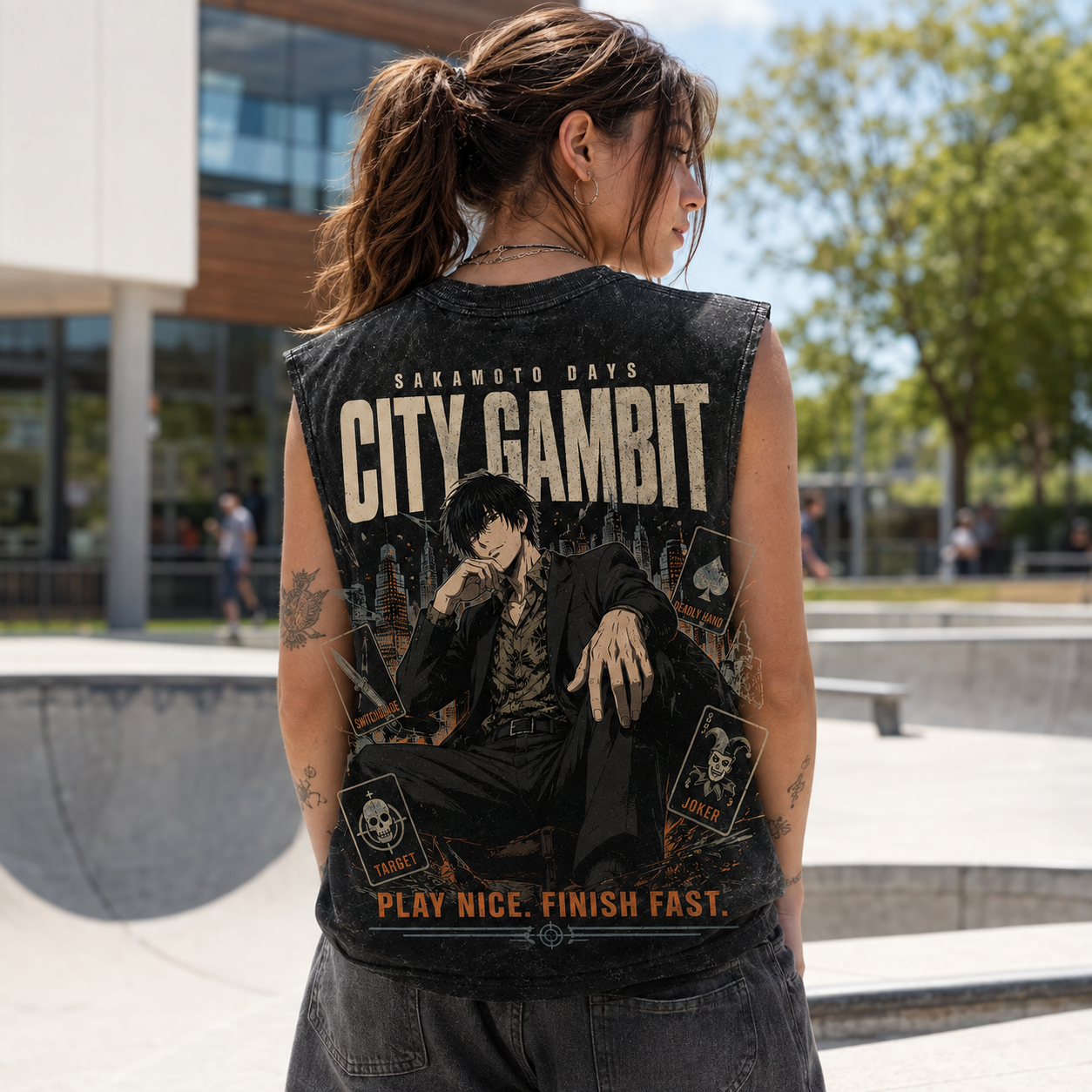 Washed black tank top with Nagumo Sakamoto Days City Gambit graphic – photo 3