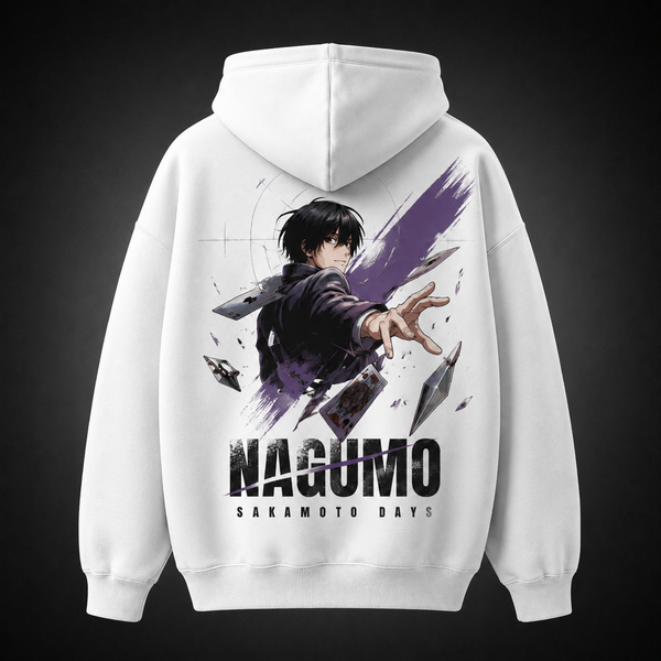 White hoodie with Nagumo Sakamoto Days Nagumo Cards graphic – photo 1
