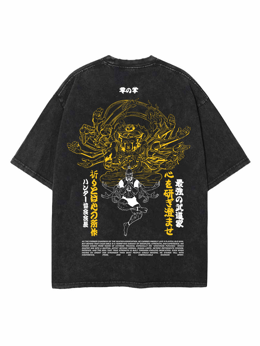 Washed black t-shirt with Isaac Netero Hunter X Hunter Old Master graphic – photo 1
