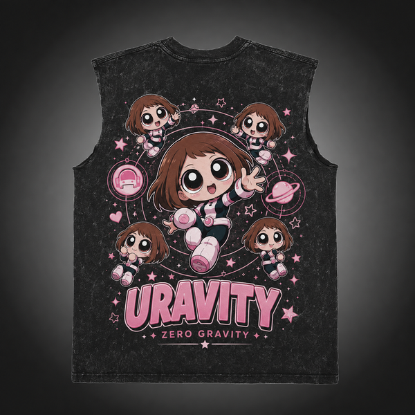 Washed black tank top with Ochaco Uraraka (Uravity) My Hero Academia Uravity Zero Gravity graphic – photo 1