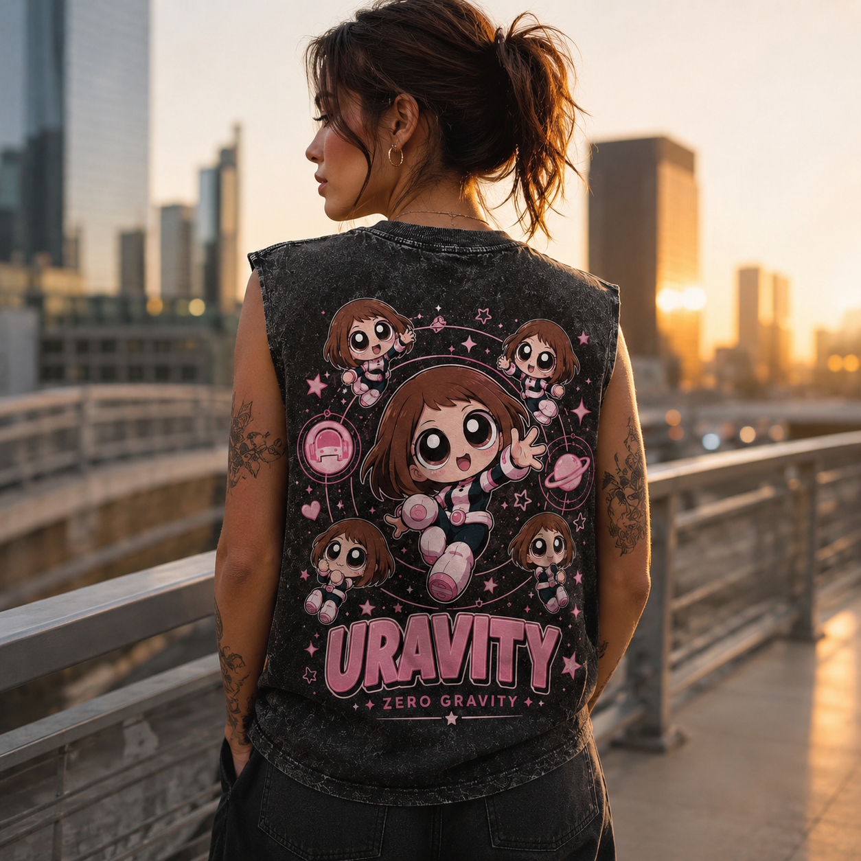Washed black tank top with Ochaco Uraraka (Uravity) My Hero Academia Uravity Zero Gravity graphic – photo 3