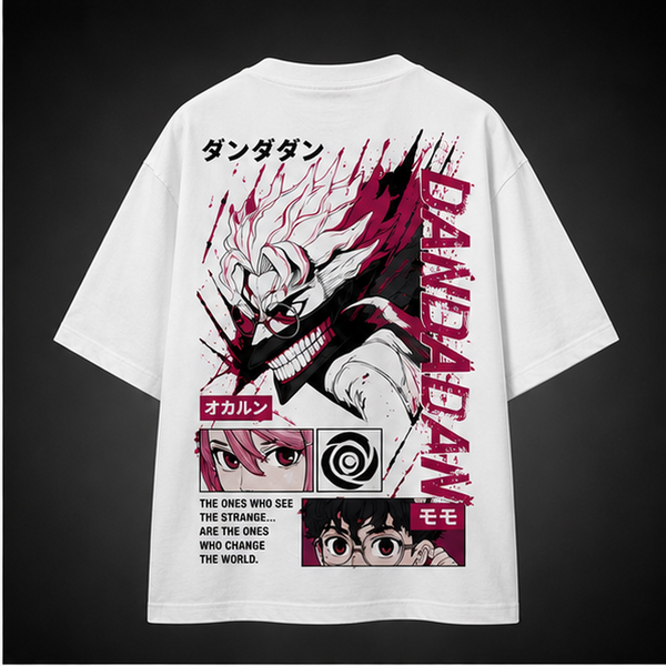 White t-shirt with Okarun Dandadan Magenta Curse Grin graphic – photo 1